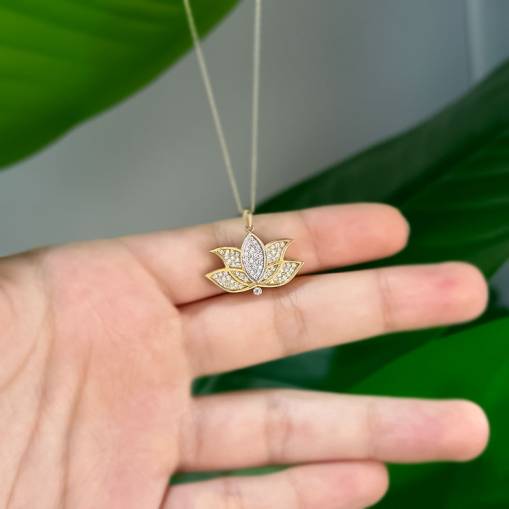 14k Altın Taşlı Lotus Kolye - 2