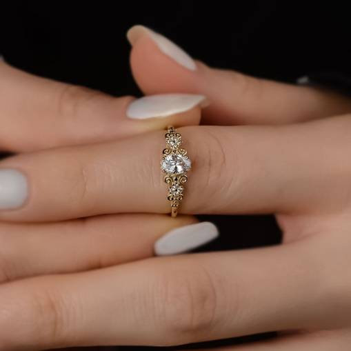 14k Altın Taşlı Minimal Motif Yüzük - 2