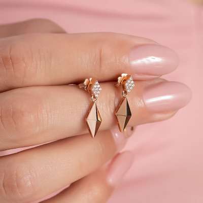 14k Altın Taşlı Piramit Küpe - 3