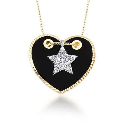 14k Altın Taşlı Yıldız Siyah Kalp Kolye - ENGİNGOLD EMA
