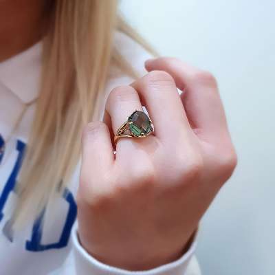14k Altın Yeşil Topaz Taşlı Yüzük - 2