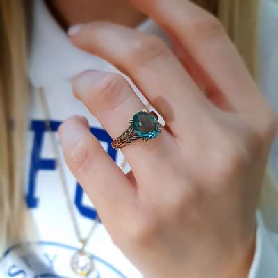 14k Altın Yeşil Topaz Taşlı Yüzük - 3