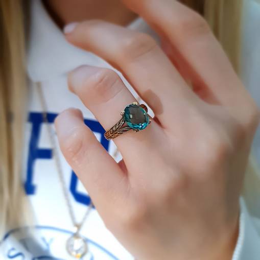 14k Altın Yeşil Topaz Taşlı Yüzük - 3