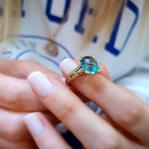14k Altın Yeşil Topaz Taşlı Yüzük - 4