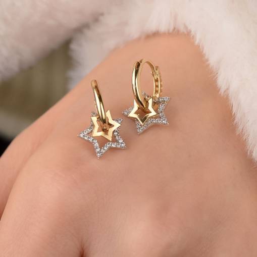 14k Altın Yıldız Işığı Sallantılı Küpe - 1