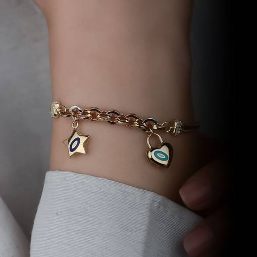 14k Altın Yıldızlı ve Kalpli Balık Sırtı Bileklik - 1