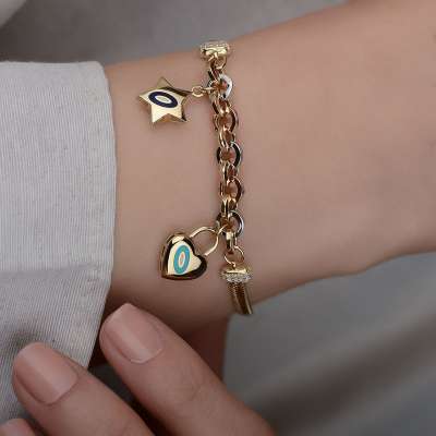 14k Altın Yıldızlı ve Kalpli Balık Sırtı Bileklik - 2