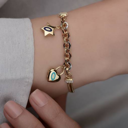 14k Altın Yıldızlı ve Kalpli Balık Sırtı Bileklik - 2