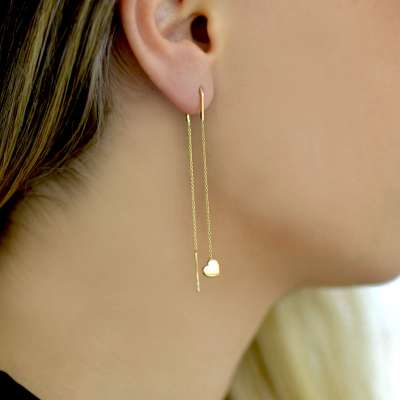 14k Kalp Figürlü Sallantılı Altın Küpe - 1