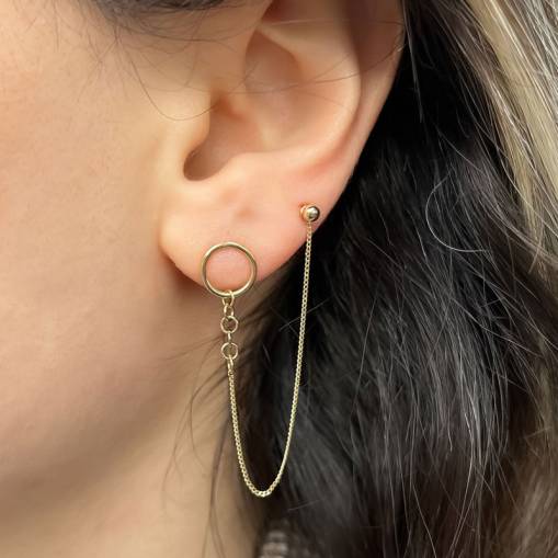 14k Sade Altın Sallantılı İkili Kombin Küpe - 2