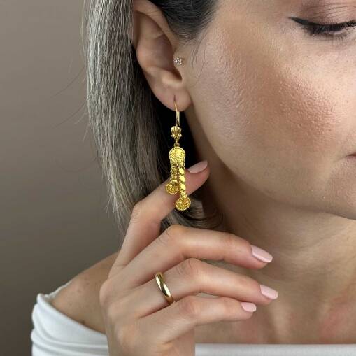 22 Ayar Altın Küpe – Sallantılı Üçlü Arpa Pullu Tasarım - 6