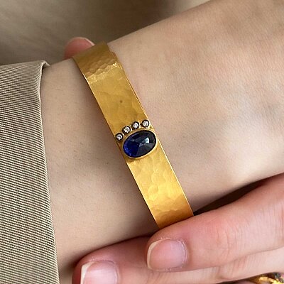 22 Ayar Altın Oval Safir Taşlı Pırlanta Kelepçe Bileklik - 2