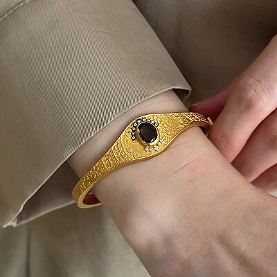 22 Ayar Altın Oval Smoky Quartz Taşlı Tasarım Kelepçe - 2