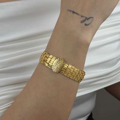 22 Ayar Altın Kelepçe Bileklik – Kalemli Tokalı Lüks Tasarım - 6