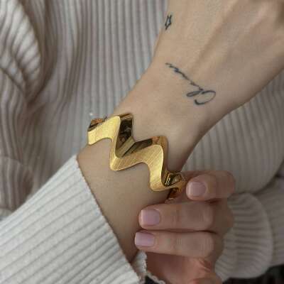 22 Ayar Parlak Kıvrımlı Mat Hasır Altın Kelepçe Bilezik - 2