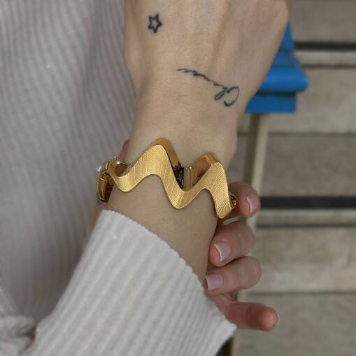 22 Ayar Parlak Kıvrımlı Mat Hasır Altın Kelepçe Bilezik - 3