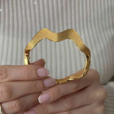 22 Ayar Parlak Kıvrımlı Mat Hasır Altın Kelepçe Bilezik - 6