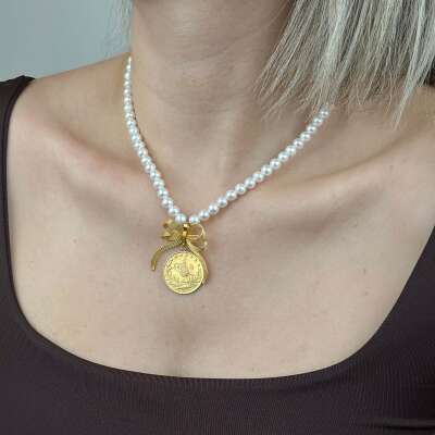 22 Ayar Reşat İnci Kolye – Kurdele Tasarım Sallantılı - ENGİNGOLD ZRF