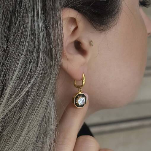 22 Ayar Sallantılı Siyah Mineli Tektaş Küpe – Zarif Altın Şıklığı - 3