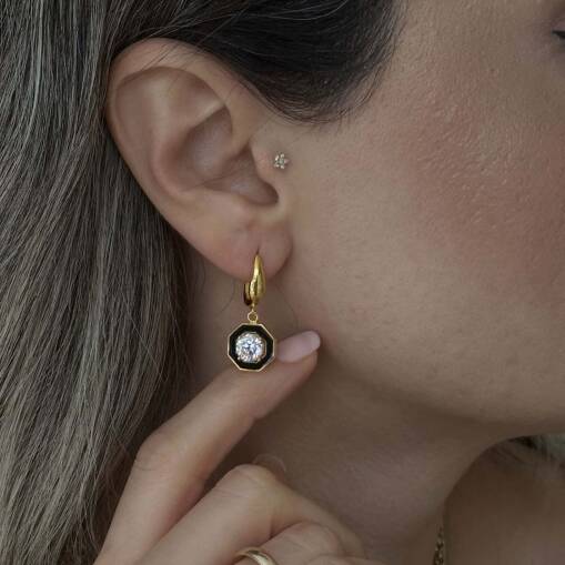 22 Ayar Sallantılı Siyah Mineli Tektaş Küpe – Zarif Altın Şıklığı - 4