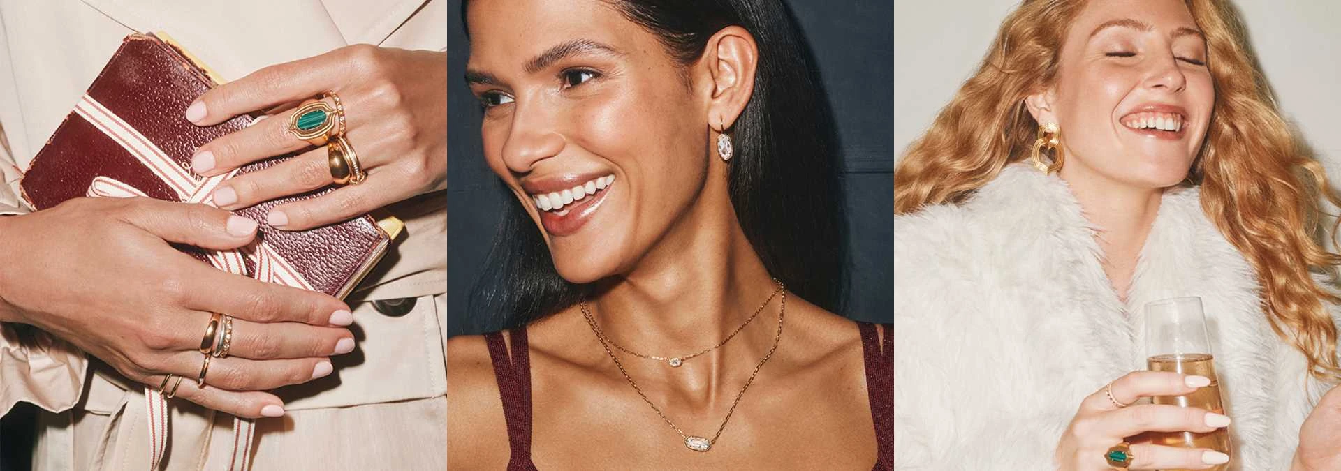 Üç fotoğrafta hediye ve takı kullanım görünümleri — geçici Kendra Scott referansı