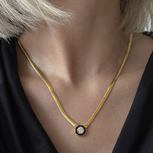 Altın Siyah Mineli Taşlı Kolye – Şık ve Modern Tasarım - 1
