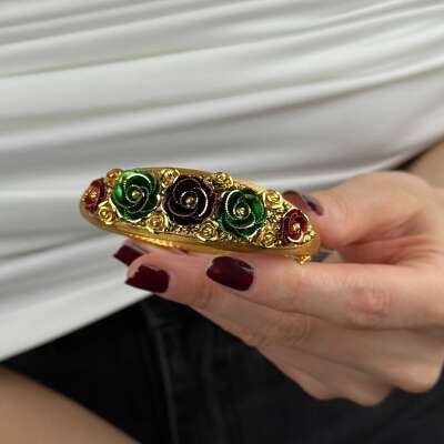 22 Ayar Altın Dorika Kelepçe – Renkli Gül Buketi Detaylı - 3