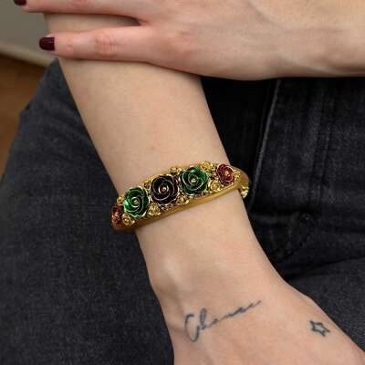 22 Ayar Altın Dorika Kelepçe – Renkli Gül Buketi Detaylı - 4