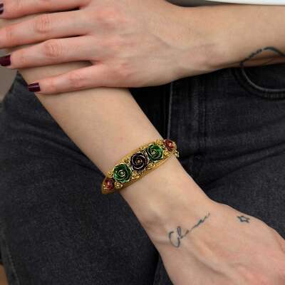 22 Ayar Altın Dorika Kelepçe – Renkli Gül Buketi Detaylı - 5