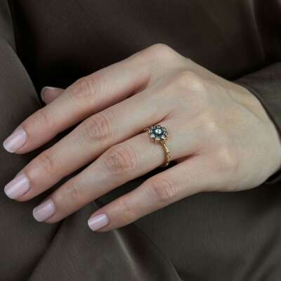 Zarif 14 Ayar Altın Elmas Montür Çiçek Yüzük - 3