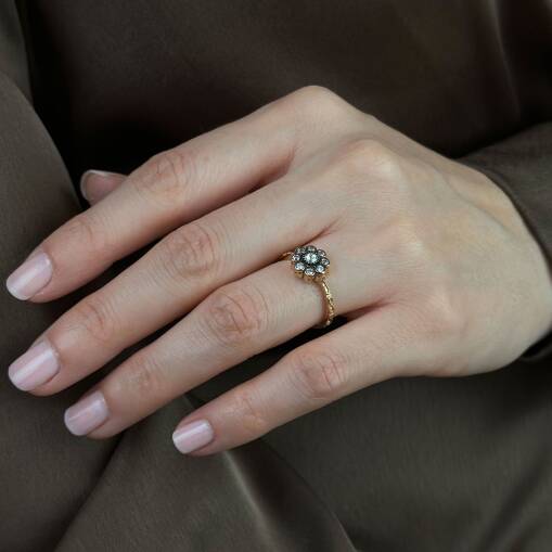 Zarif 14 Ayar Altın Elmas Montür Çiçek Yüzük - 3