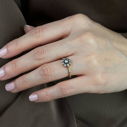 Zarif 14 Ayar Altın Elmas Montür Çiçek Yüzük - 4