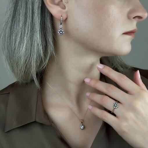 Zarif 14 Ayar Altın Elmas Montür Çiçek Yüzük - 5