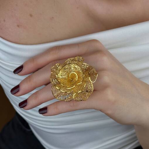 22 Ayar Altın Çiçek Yüzük – Gösterişli Tül Form - 3