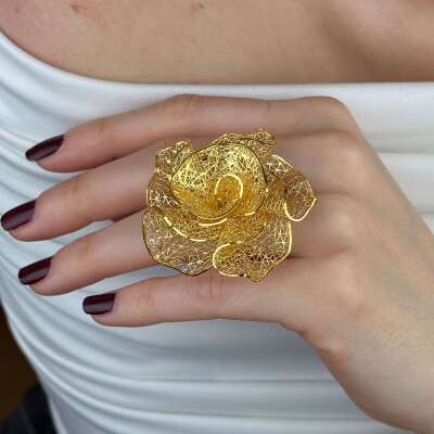 22 Ayar Altın Çiçek Yüzük – Gösterişli Tül Form - 4