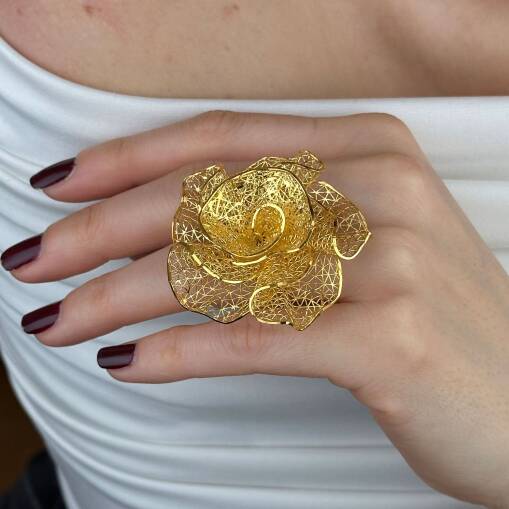 22 Ayar Altın Çiçek Yüzük – Gösterişli Tül Form - 4