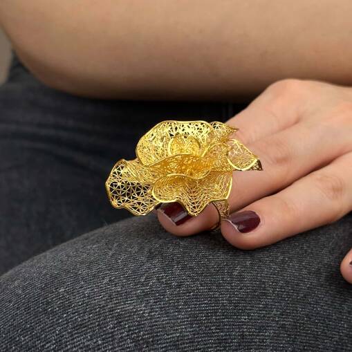 22 Ayar Altın Çiçek Yüzük – Gösterişli Tül Form - 5