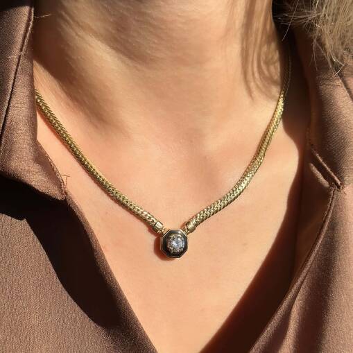 Gurmet Zincirli Taşlı Kolye | 14 Ayar Siyah Mineli - 1