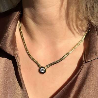 Gurmet Zincirli Taşlı Kolye | 14 Ayar Siyah Mineli - 2