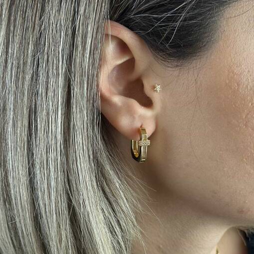 14 Ayar Altın Halka Küpe – Kare Form Zirkon Taşlı - 5