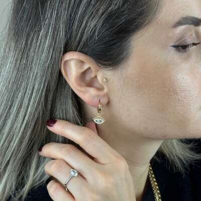 14 Ayar Altın Halka Küpe – Sallantılı Kirpik Firuze Taşlı - 2