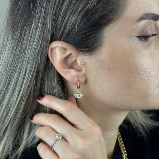 14 Ayar Altın Halka Küpe – Sallantılı Kirpik Firuze Taşlı - 2