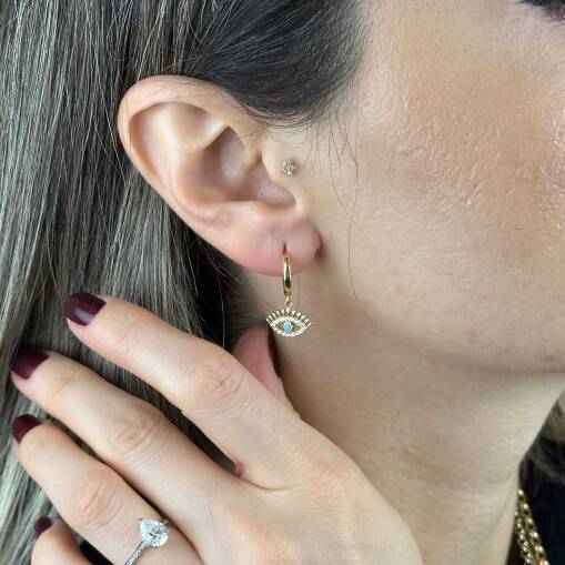 14 Ayar Altın Halka Küpe – Sallantılı Kirpik Firuze Taşlı - 4