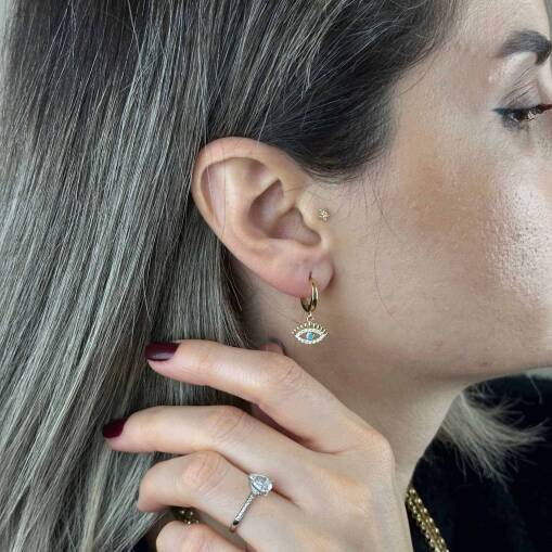 14 Ayar Altın Halka Küpe – Sallantılı Kirpik Firuze Taşlı - 5