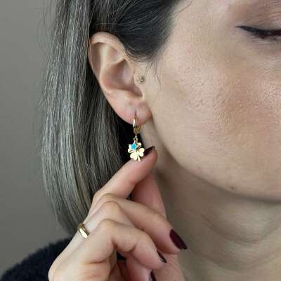 14 Ayar Altın Halka Küpe – Yıldız & Yonca Mavi Mine Detaylı - ENGİNGOLD GAB