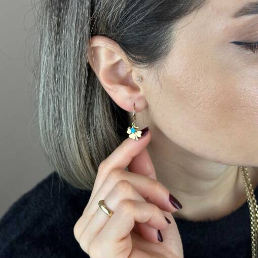 14 Ayar Altın Halka Küpe – Yıldız & Yonca Mavi Mine Detaylı - 2