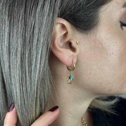 14 Ayar Altın Halka Küpe – Yıldız & Yonca Mavi Mine Detaylı - 3