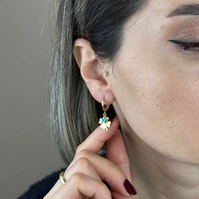 14 Ayar Altın Halka Küpe – Yıldız & Yonca Mavi Mine Detaylı - 5