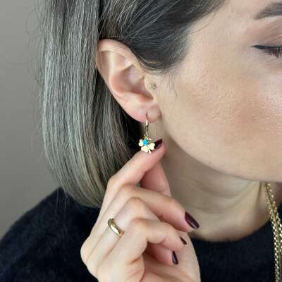 14 Ayar Altın Halka Küpe – Yıldız & Yonca Mavi Mine Detaylı - 2