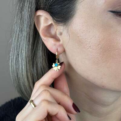 14 Ayar Altın Halka Küpe – Yıldız & Yonca Mavi Mine Detaylı - 4